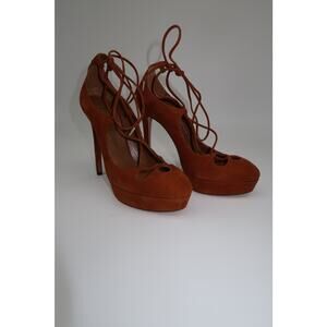 Aquazzura Suede Dancer Plateau Ankle Tie Stiletto Pumps Brown Size 37.5 US 7.5